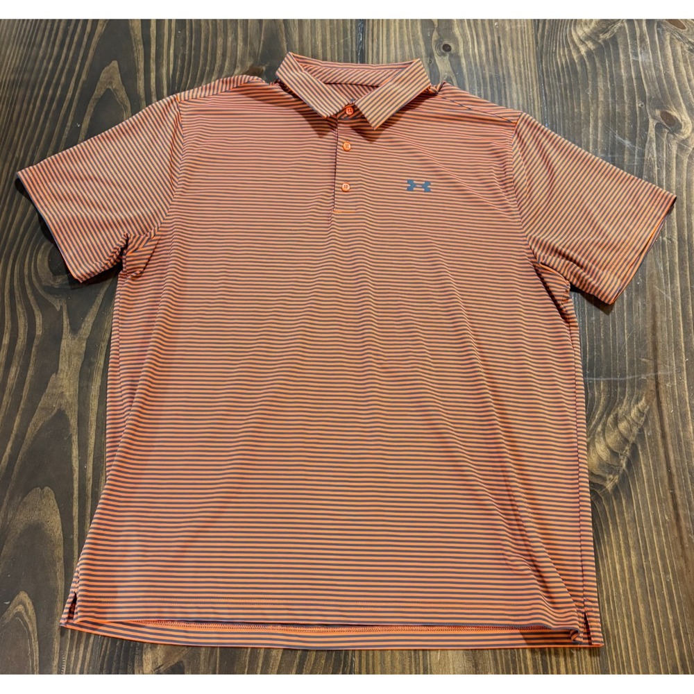 UNDER ARMOUR Polo Shirt Mens 2XL Orange Blue Striped Short Sleeve‎ Golf - Picture 2 of 8